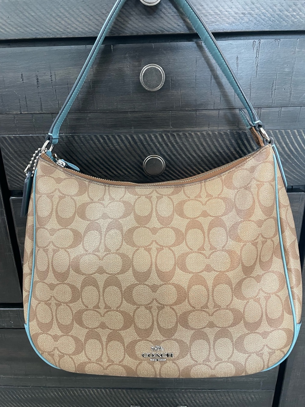 Coach Women's Coated Signature Shoulder Bag Khaki/ Cyan F29209 EUC Looks NEW